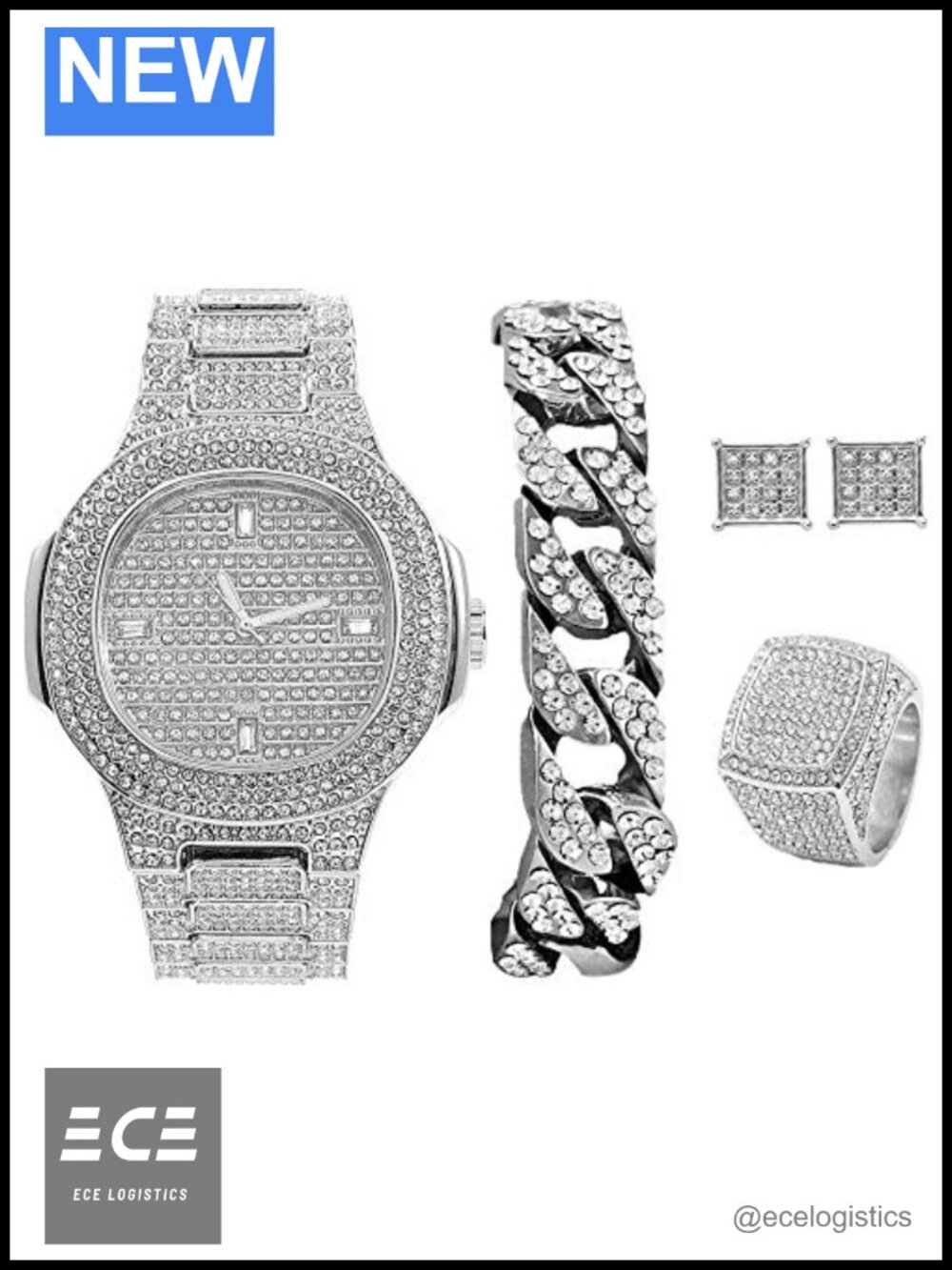 Mens Iced Out Hip Hop Watch Set Cuban Bracelet Earrings Ring